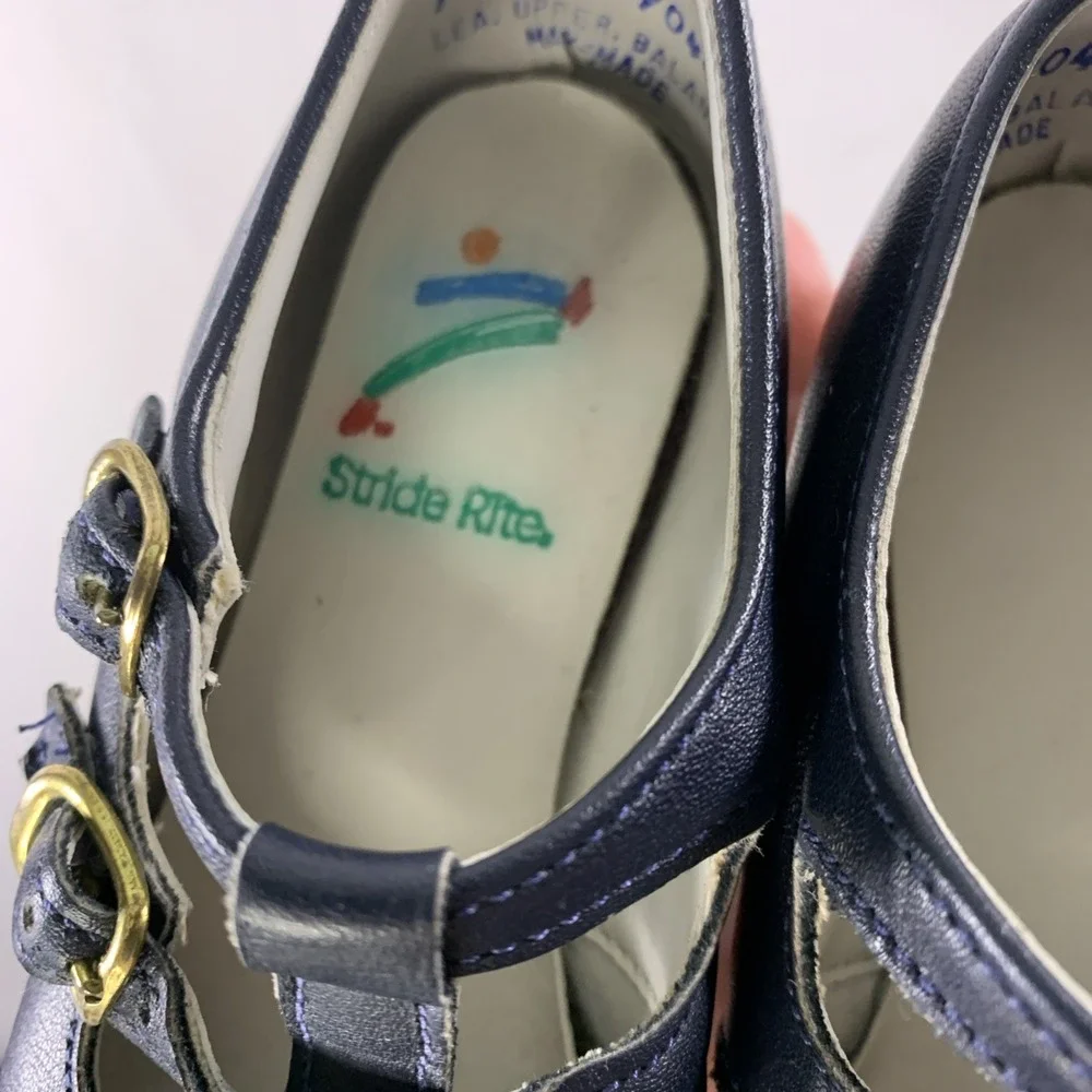 VTG Stride Rite Girls Leather Shoes Size 7 D Navy Hard Soles T Strap Mary Jane